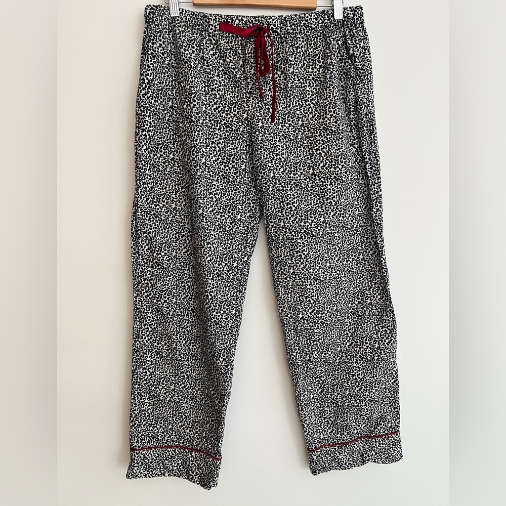 LORD & TAYLOR Flannel Pajama Pants Leopard Print Red Satin Drawstring Pockets